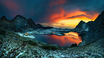 Lake in Winter at Materov, Bulgaria, sky, snow, sunset, landscape, clouds, rocks HD wallpaper