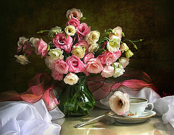 Flowers, Bouquet, Cloth, Vase, Lisianthus Russell, Lisiantus Russell, Silk, Tea Pair HD wallpaper