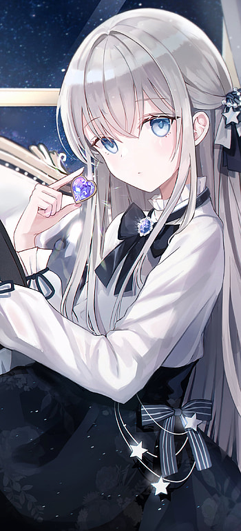 Moonlit Silver Locks - Blue-Eyed Anime, grey hair, blue eyes, long hair, Anime, girl, anime girl HD phone wallpaper