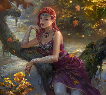 Fire goddess, billy christian, fire, goddess, frumusete, gorgeous, hydra, girl, jewel, superb, fantasy, yellow, autumn, water HD wallpaper
