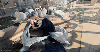 Black swan, frumusete, bird, art, gorgeous, girl, lebada, superb, fantasy, wlop, swan, pasari, princess HD wallpaper