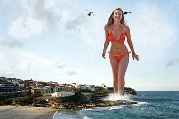 Giantess on the Beach, model, abstract, blonde, bikini, humor, beach HD wallpaper