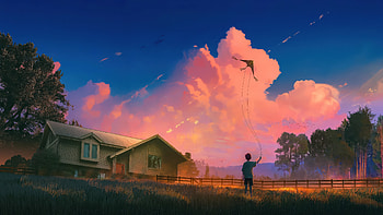Boy Flying Kite In Golden Countryside Field, boy, kite, clouds, cloud, house, farm, field, artist, artwork, art, digital-art HD wallpaper