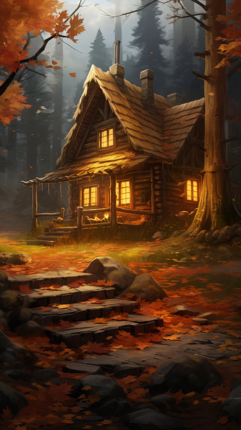 Cabin in Autumn Forest , cabin, forest, Animal, squirrel, nature, fall HD phone wallpaper