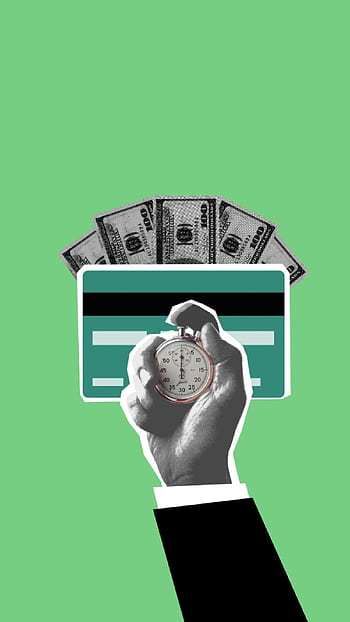 Hand holds stopwatch with credit card and cash, symbolizing time and money. HD phone wallpaper