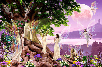 Secret Door, digital, art, flowers, fairies, mountains, tree HD wallpaper