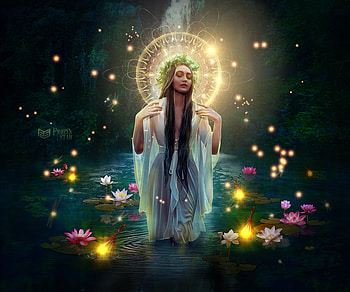 Lady of the Lake, night, frumusete, girl, dark, lake, summer, lady, fantasy, yellow, luminos, andreea cernestean, water, vara HD wallpaper