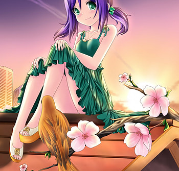 RoofTop, purple hair, cute, floral, long hair, dress, nice, roof, feather, flower, , female, sunset, sundress, sexy, sweet, bird, hot, girl, ray, anime girl, anime, pretty, light, lovely, sweert HD wallpaper
