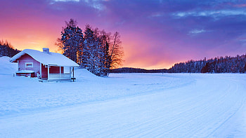 A small cottage on the edge of a frozen lake. graphed near Levi in Finnish Lapland at sunrise, sky, snow, winter, trees, landscape, colors HD wallpaper
