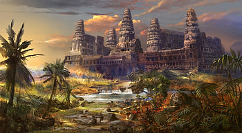 Fantasy, Palms, Temple, Destruction, Another World, Different World HD wallpaper