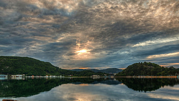 lovely lake town in Norway, reflection, town, clouds, lake, hill HD wallpaper