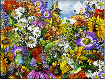 flowers in tiles, mural, nature, flowers HD wallpaper