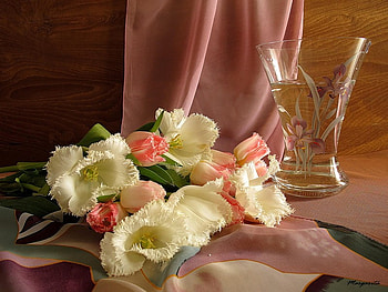 still life, tulip, bouquet, gracefully, graphy, vase, beautiful, tulips, nice, gently, flower, cool, flowers, , scarf, harmony HD wallpaper