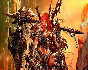 Returning Heroine, red head, ax, fantasy, woman HD wallpaper