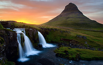 Waterfalls, river, colorful, waterscape, colors, peaceful, beauty, amazing, mountains, water, sunset, landscape, beautiful, mountain, view, waterfall, clouds, nature, sky, lovely, splendor HD wallpaper