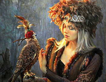 :), black, hawk, bird, art, girl, helene beland, painting, pictura, pasari HD wallpaper