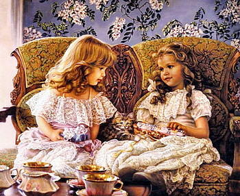 Birtay Gifts, kitten, table, love seat, dresses, little girls, gifts, tea cups HD wallpaper