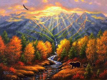 Rays of Light, bears, fall, colors, paintings, beautiful, sunbeam, streams, landscapes, love four seasons, family, animals, trees, autumn, nature, mountains HD wallpaper