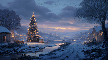 Silent Christmas Evening — Landscape, Christmas Tree, Winter, Village, River HD wallpaper