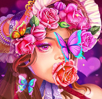 Rose, flower, harsh taggar, hat, blue, art, girl, purple, pink, butterfly, fantasy, face HD wallpaper