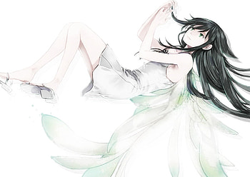 Saya no Uta, sundress, wings, sandals, ribbon, black hair, long hair, dress, white dress, anime, hitaki azami, saya, green eyes, pixiv id 1652241 HD wallpaper