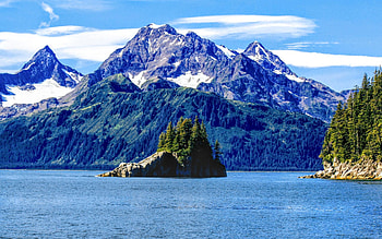Kenai Fjords National Park, Alaska, trees, clouds, sky, water, rocks, mountains, usa HD wallpaper