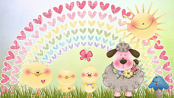 Rainbow Easter, sunshine, Easter, smile, chicks, grass, mushrooms, spring, rainbow, sheep, chickens, hearts, heearts, happy HD wallpaper