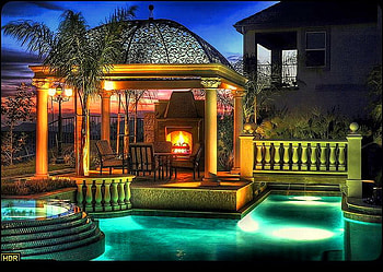 Gazebo nights, night, rail, lights, gazebo, trees, pool, fireplace, water HD wallpaper