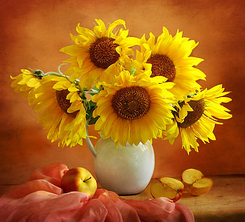 still life, bouquet, gentle, graphy, kettle, nice, sunflowers, flower, , elegantly, beautiful, fruits, yellow, cool, apple, flowers, scarf, harmony HD wallpaper