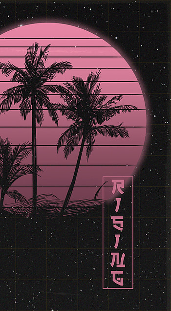Rising sun, palm, black, retro, retrowave, synthwave, 80s, 90s, space HD phone wallpaper