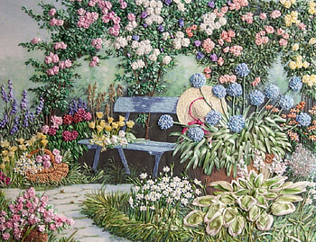 Bench in a Rose Garden, bench, nature, painting, rose garden HD wallpaper