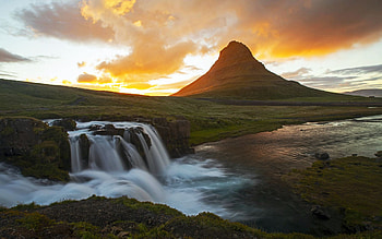 Midnight Sun at Kirkjufell, Iceland, river, landscape, sky, mountain, clouds HD wallpaper