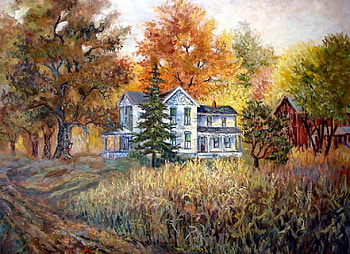 farm in the fall, farm, abstract, painting, fall HD wallpaper