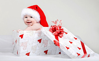Surprise!, white, craciun, cute, baby, gift, copil, box, christmas, red, funny, child, santa, hat HD wallpaper