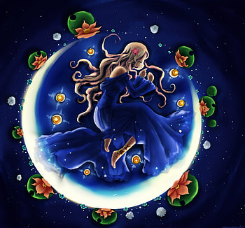 ✼.Romantic of Moonlight Dream.✼, cute, colors, digital art, moons, sweet, dreams, attractions in dreams, girl, paintings, beautiful, creative pre-made, love four seasons, fantasy, pretty, crescent, cool, clouds, sky, flowers, lovely HD wallpaper