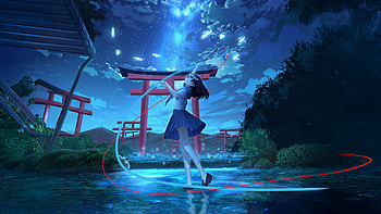 Anime Girl At Illuminated Shrine, anime, girl, sky, clouds, cloud, tree, artist, artwork, art, digital-art, ai, pixiv HD wallpaper