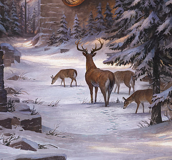 Deers, winter, art, fantasy, iarna, deer, snow, justin gerard, caprioare HD wallpaper
