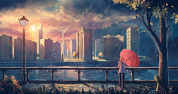Anime Girl Cityscape Umbrella Trees, anime-girl, anime, umbrella, artist, artwork, digital-art, rain HD wallpaper