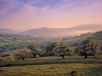 Brecon Beacons Wales Landscape, haze, purple, twilight, field, clouds, trees, nature, sky, mountains HD wallpaper