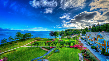 Seaside Resort, sea, grass, green, clouds, trees, road, nature, flowers, resort HD wallpaper