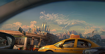 Traffic Day Skyscraper Clouds Sunset, traffic, day, skyscraper, clouds, sunset, dragon, artist, artwork, art, digital-art, cityscape HD wallpaper