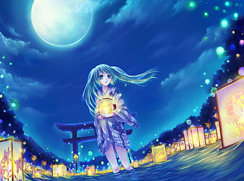 Hatsune Miku, night, japanese clothes, glow, awesome, lanterns, yukata, festival, artistic, nice, blue sky, digital, cultural, cg, hatsune, aqua eyes, white, art, twintail, girl, singer, aqua, anime girl, anime, pretty, light, twin tail, virtual, blue, kimono, black, song, night sky, cute, vocaloid, beauty, shrine, miku, music, moon, vocaloids, amazing, water, stunning, program, japanese, beautiful, diva, white clouds, aqua hair, cool, clouds, sky, idol HD wallpaper