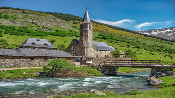 Church, bridge, river, hill HD wallpaper