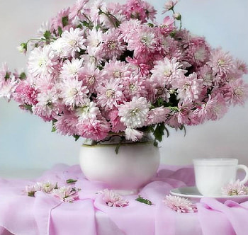 pink flowers & teacup, still life, pink, flowers, teacup HD wallpaper