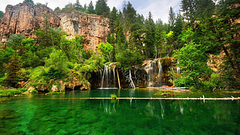 Hanging Lake, Colorado, US, trees, waterfall, nature, colorado, forest, lake HD wallpaper