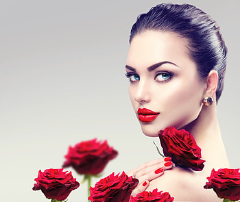 Beauty, model, girl, anna subbotina, woman, rose, flower, red, face, lips HD wallpaper