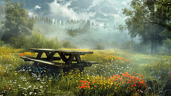 Idyllic Picnic Table in Flower Meadow, picnic table HD wallpaper