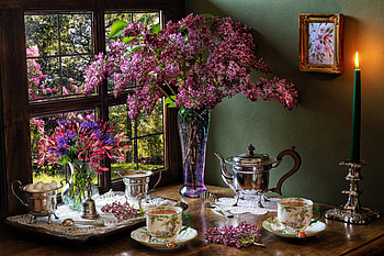 The tea party, Cup, Candle, Lilacs, Bouquet, Window HD wallpaper