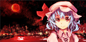 Red City, night, full moon, city, girl, red moon, anime, moon, remilia scarlet, red, touhou, red water, water HD wallpaper