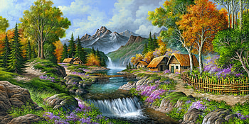 Rural paradise, countryside, mountain, river, art, paradise, peaceful, beautiful, houses, serenity, cottages, rural, painting, waterfall, nature HD wallpaper